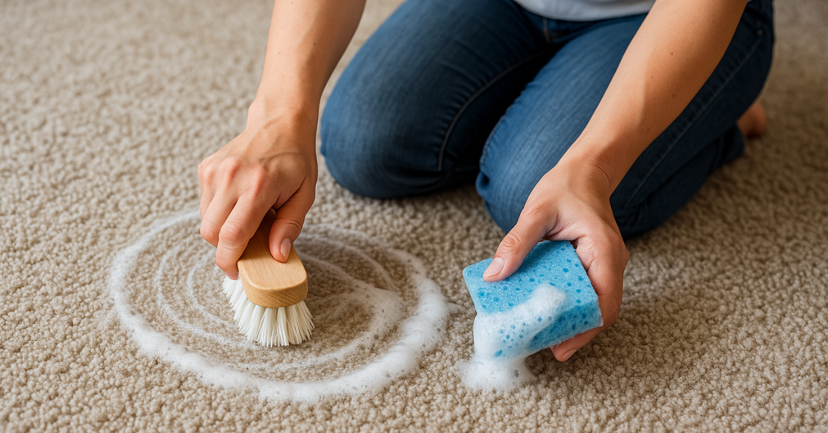 How to clean carpet without a machine using a brush and sponge with soapy foam.