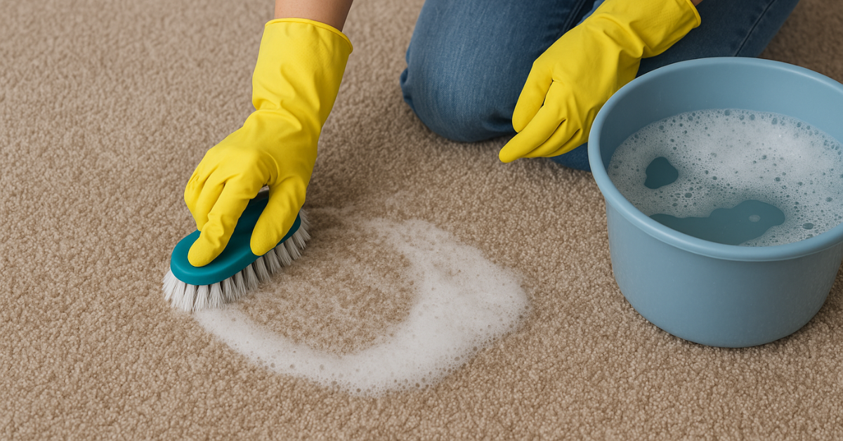 Scrubbing with gloves and soap water showing how to clean carpet without a machine.