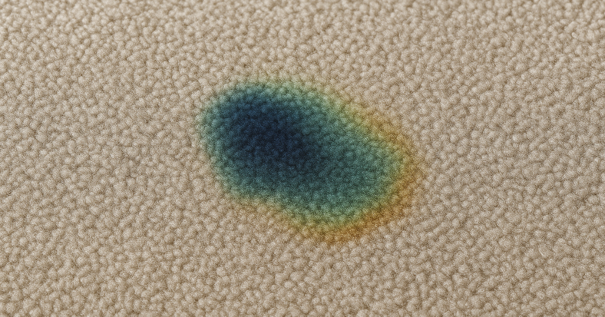 Close-up of a blue gasoline stain spreading on light-colored carpet fibers