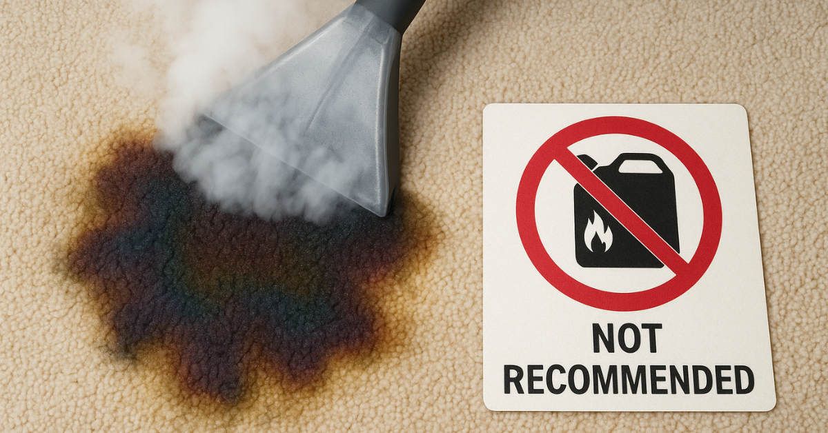 Steam cleaning gasoline-stained carpet with a flammable liquid warning—method not recommended
