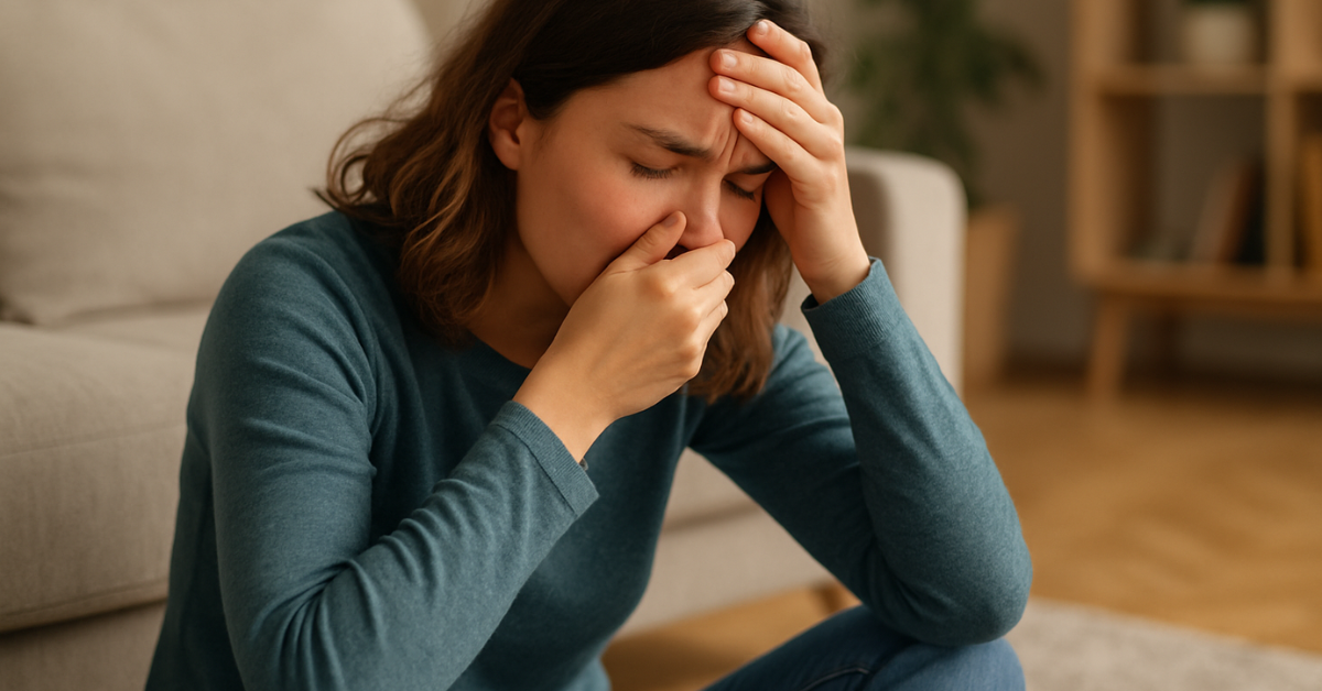 Woman indoors reacting to strong odor, covering nose in discomfort